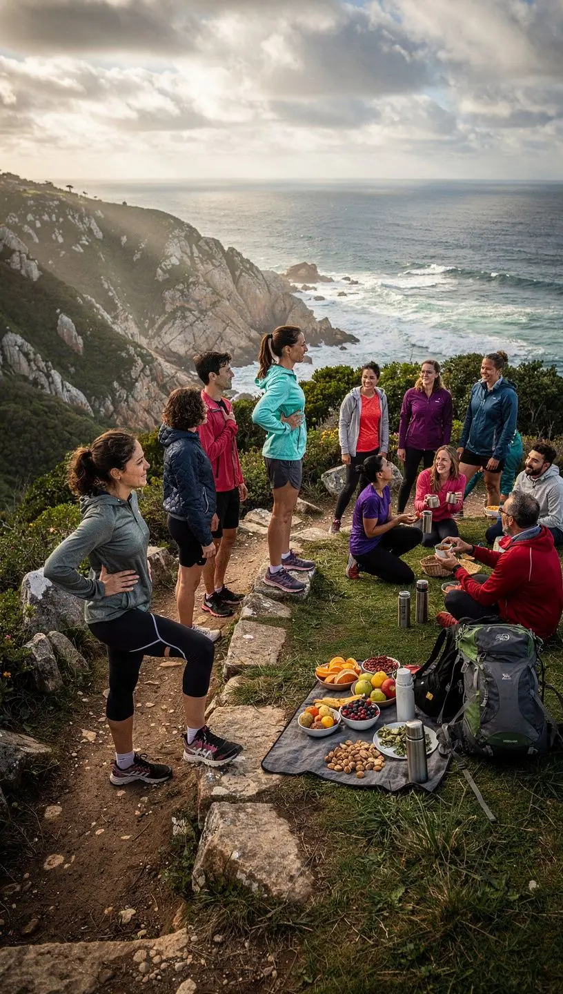Treinador de fitness orientando um aluno em exercícios ao ar livre, com vista para a natureza.