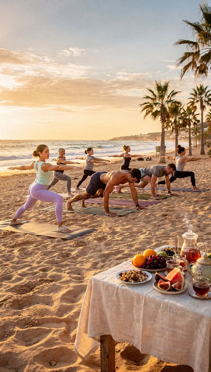 Treinador de fitness orientando um grupo em exercícios ao ar livre, com foco na saúde e vitalidade.