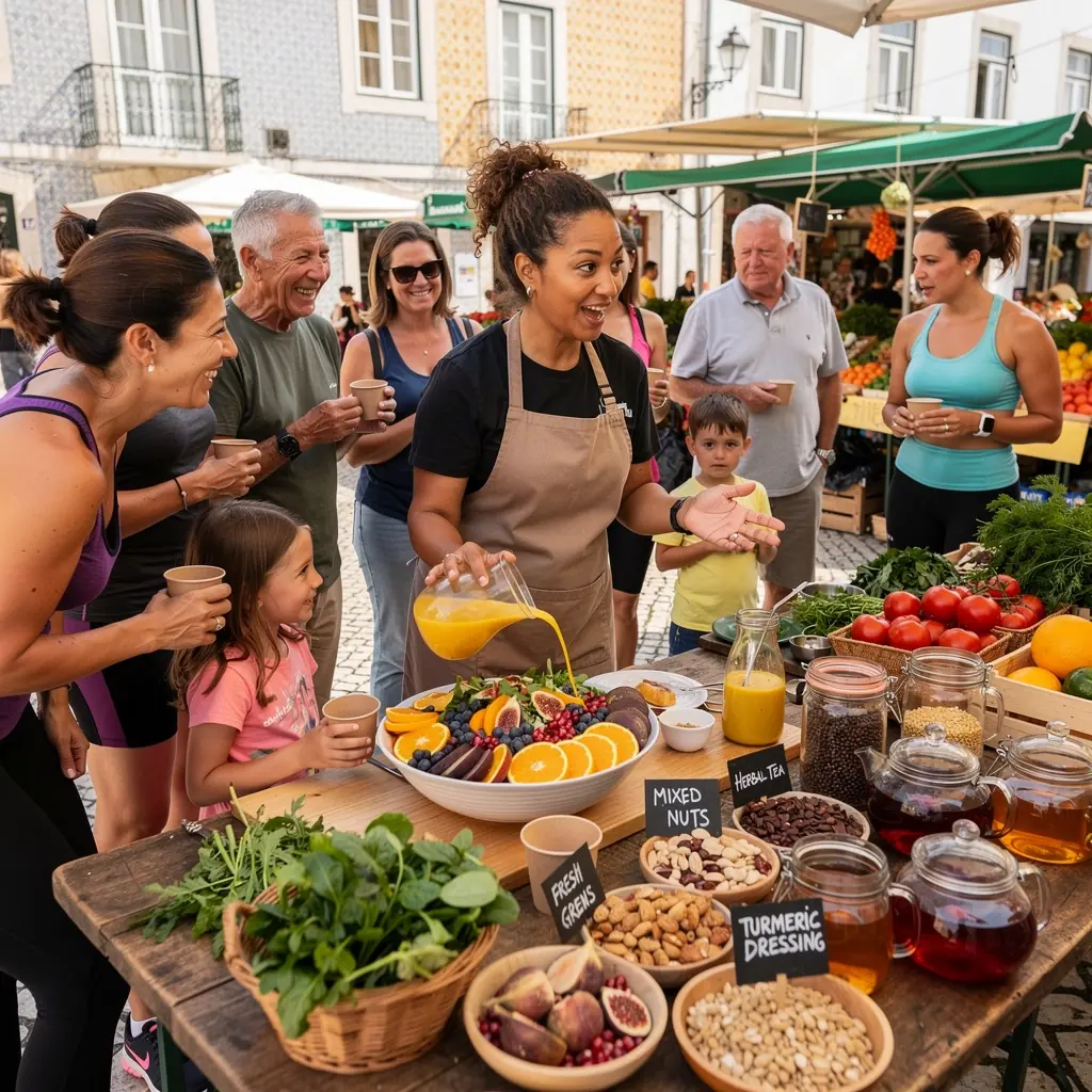 Praticante de yoga em um ambiente sereno, rodeado por plantas verdes e flores.