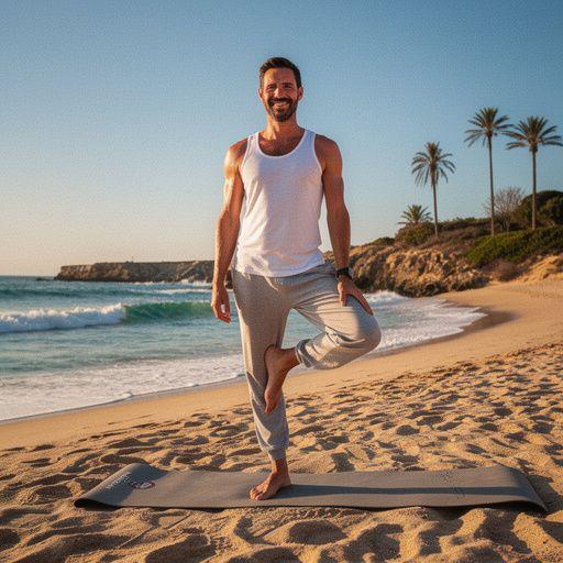Praticante de yoga em um ambiente ao ar livre, cercado por plantas verdes e flores, refletindo a conexão com a natureza.